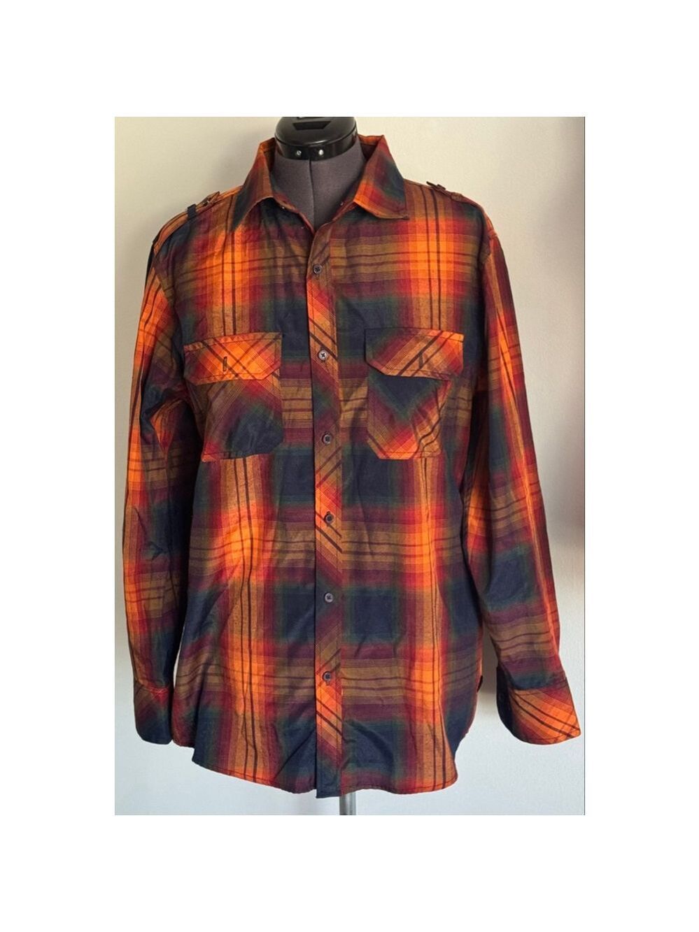 Men's RED APE Plaid Casual Button Down Shirt L Orange Navy